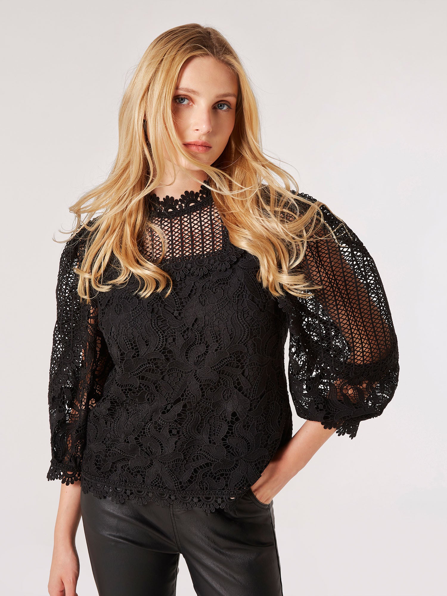 Victoriana Mixed Lace Top in Black