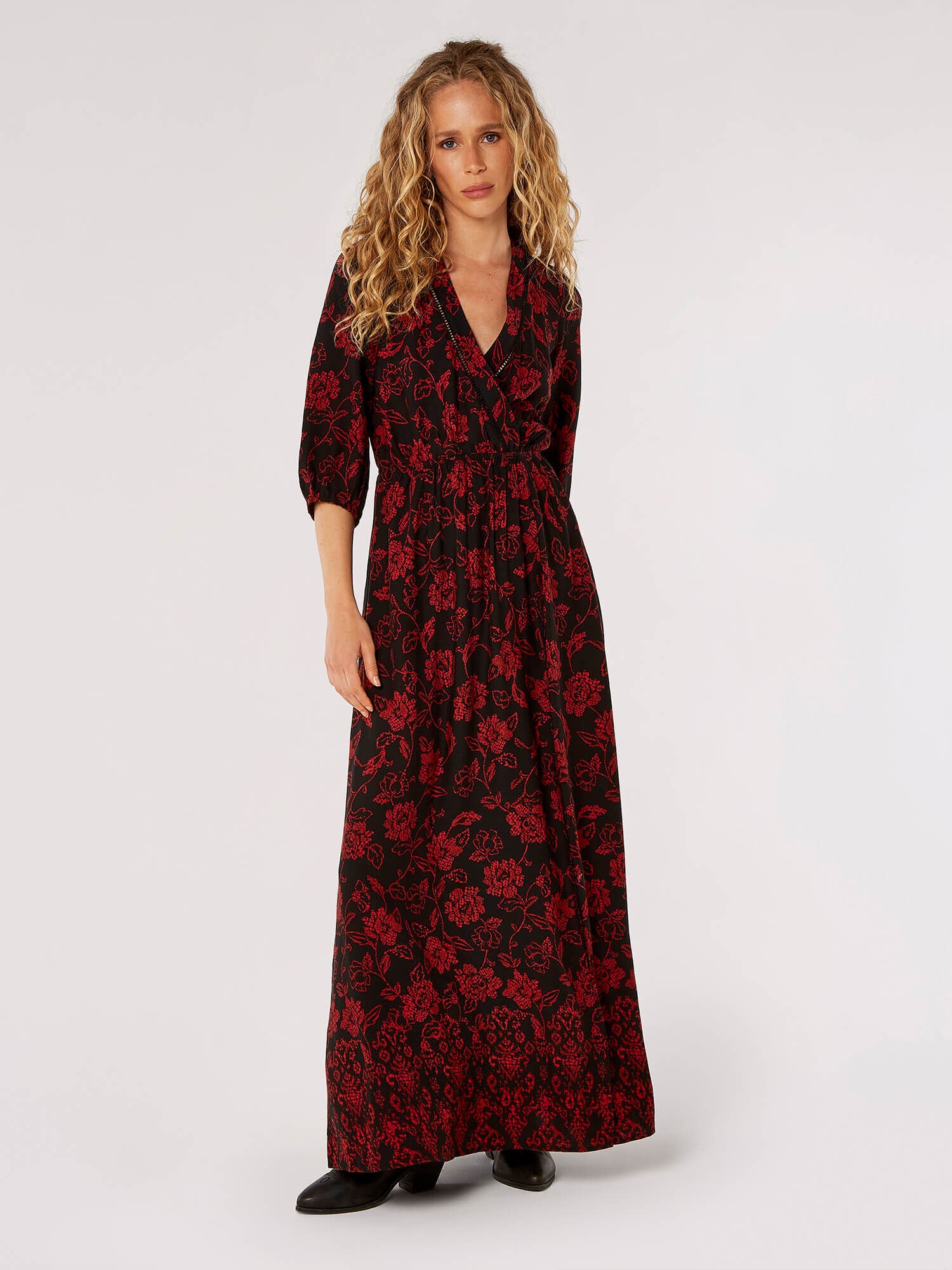 Floral Border Wrap Maxi Dress in Rust