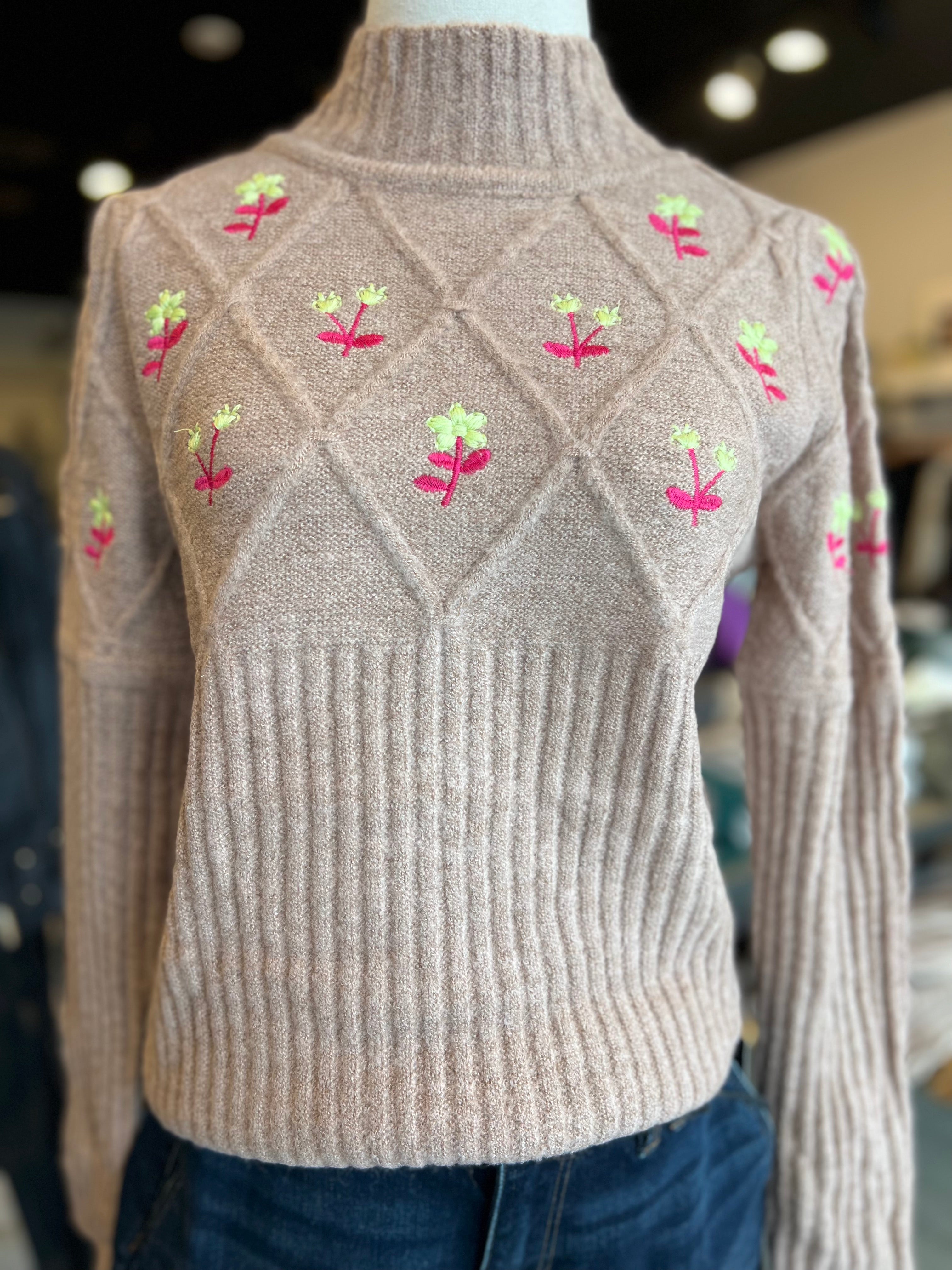 Taupe Blossom Embroidered Sweater