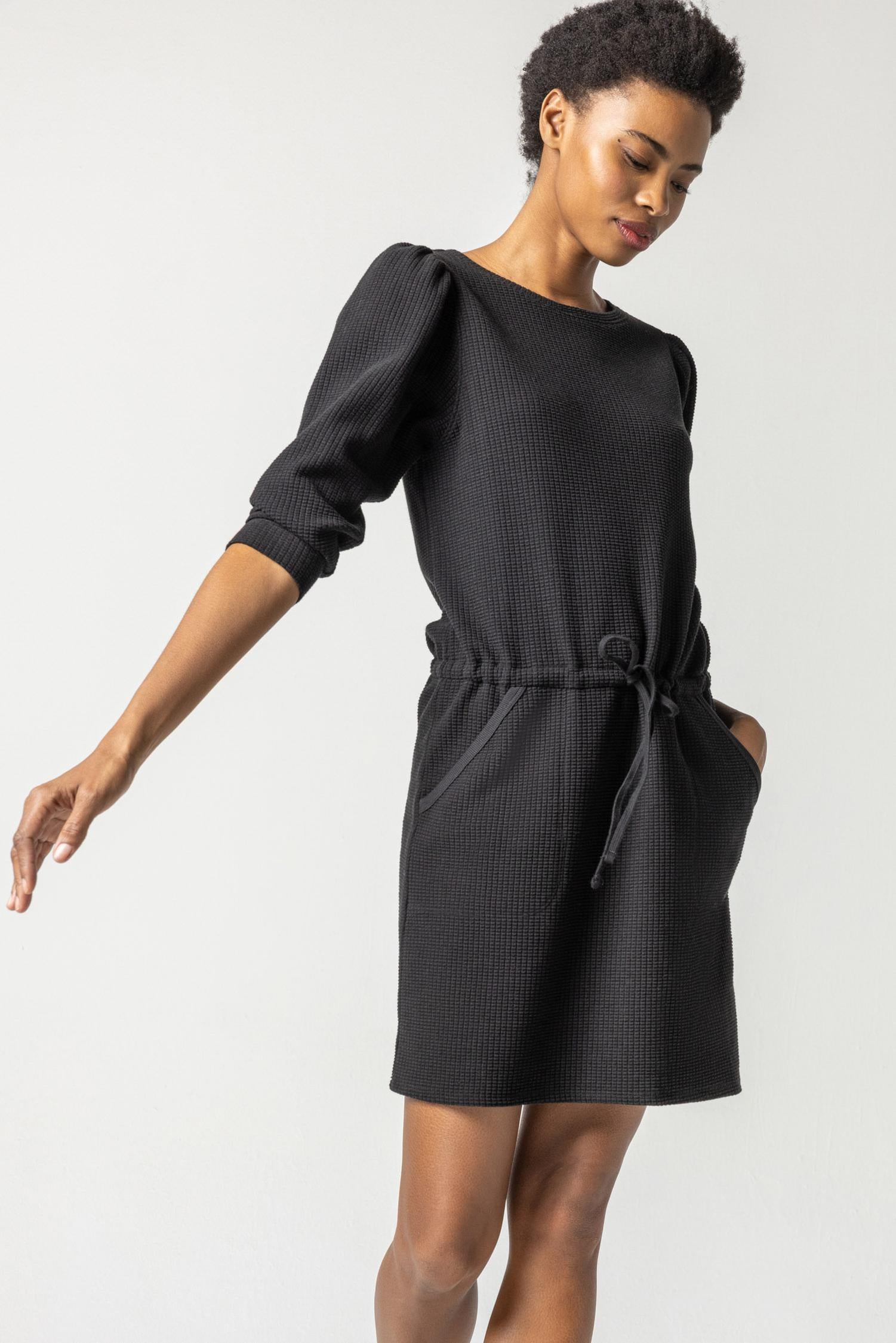 Shirred Sleeve Drawstring Dress in Black