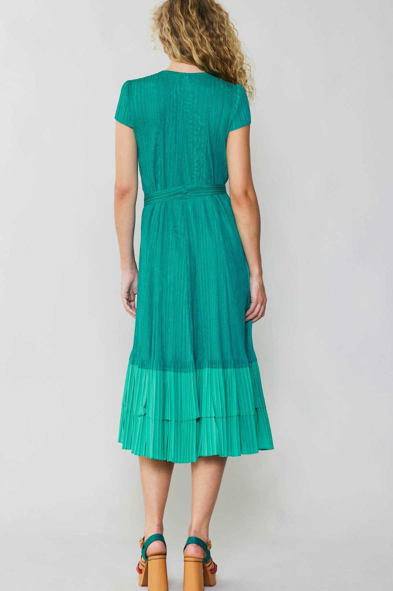 Pleated V Neck Dress in Teal