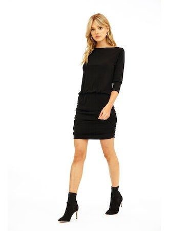 Shirred Skirt Dress in Black